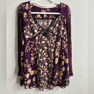 Free People Odette Floral Lace Trim Women's Tunic Top Lace long Sleeves Boho S